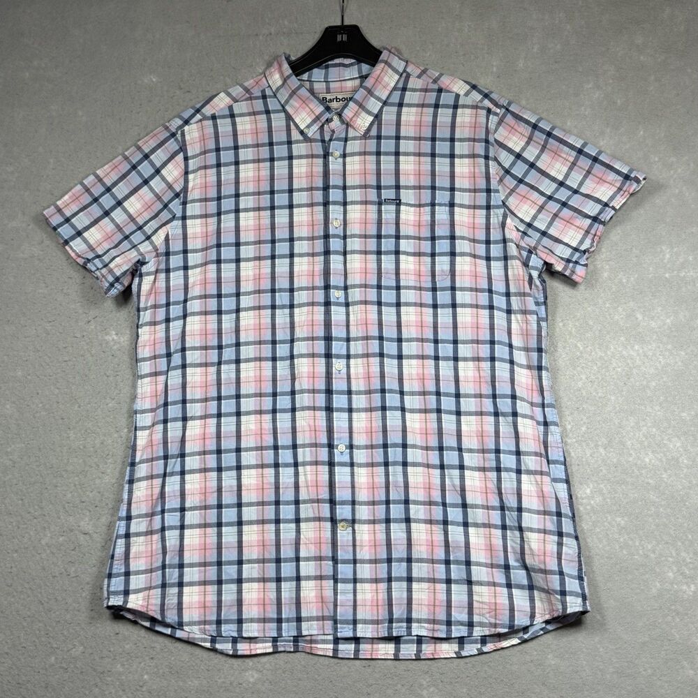Barbour Longstone Shirt Mens Size XXL Pink Plaid Short Sleeve Tailored Fit